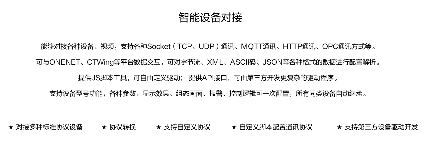 能夠?qū)痈鞣N設(shè)備、視頻,支持各種SocKet(TCP、UDP)通訊、MOTT通訊、HTTP通訊、OPC通訊方式等。 可與ONENET、CTWing等平臺(tái)數(shù)據(jù)交互,可對字節(jié)流、XML、ASCI碼、JSON等各種格式的數(shù)據(jù)進(jìn)行配置解析。 提供JS腳本工具,可自由定義驅(qū)動(dòng);提供API接口,可由第三方開發(fā)更復(fù)雜的驅(qū)動(dòng)程序。 支持設(shè)備型號功能,各種參數(shù)、顯示效果、組態(tài)畫面、報(bào)警、控制邏輯可一次配置,所有同類設(shè)備自動(dòng)繼承。 能夠?qū)痈鞣N設(shè)備、視頻,支持各種SocKet(TCP、UDP)通訊、MOTT通訊、HTTP通訊、OPC通訊方式等。 可與ONENET、CTWing等平臺(tái)數(shù)據(jù)交互,可對字節(jié)流、XML、ASCI碼、JSON等各種格式的數(shù)據(jù)進(jìn)行配置解析。 提供JS腳本工具,可自由定義驅(qū)動(dòng);提供API接口,可由第三方開發(fā)更復(fù)雜的驅(qū)動(dòng)程序。 支持設(shè)備型號功能,各種參數(shù)、顯示效果、組態(tài)畫面、報(bào)警、控制邏輯可一次配置,所有同類設(shè)備自動(dòng)繼承。