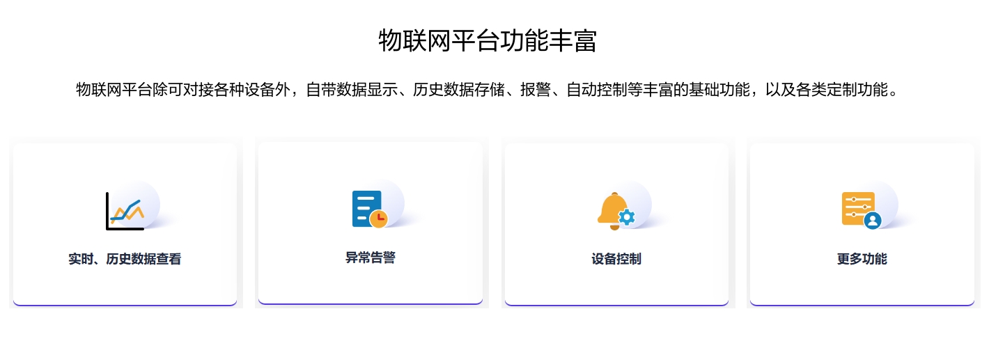 物聯(lián)網(wǎng)平臺(tái)功能豐富,除可對接各種設(shè)備外,自帶數(shù)據(jù)顯示、歷史數(shù)據(jù)存儲(chǔ)、報(bào)警、自動(dòng)控制等豐富的基礎(chǔ)功能,以及各類定制功能。 物聯(lián)網(wǎng)平臺(tái)功能豐富,除可對接各種設(shè)備外,自帶數(shù)據(jù)顯示、歷史數(shù)據(jù)存儲(chǔ)、報(bào)警、自動(dòng)控制等豐富的基礎(chǔ)功能,以及各類定制功能。